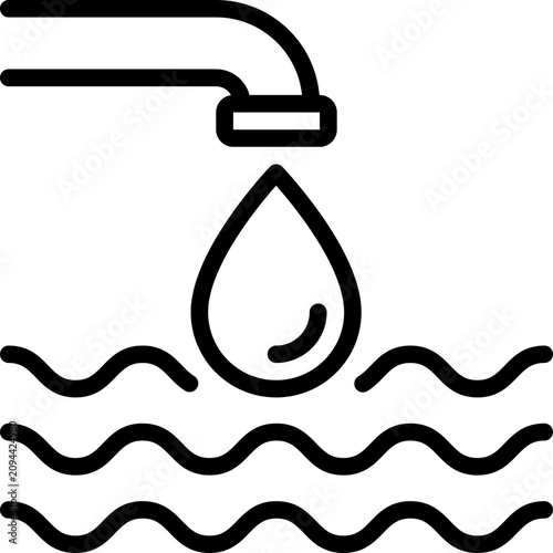 Wastewater, water pollution. Pipe with drop of water falling in sea, ocean. Vector illustration.
