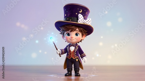 Charming cartoon magician with wand and top hat on wooden surface