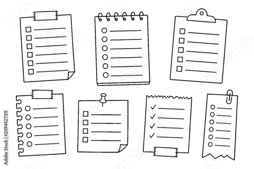 Fotografie Hand drawn checklist and notepad outline icon set