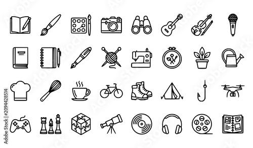 Hobby and interest icons collection black and white line art