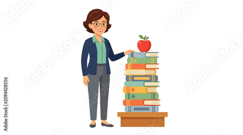 Friendly school teacher standing next to a stack of books and an apple