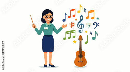 Smiling female music teacher holding pointer next to guitar and notes