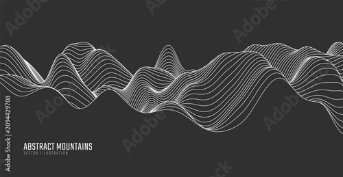 Contour mountain landscape. Waved line art. Abstract minimal topographic map. Contour lines with elevations and terrain depth. Vector illustration.