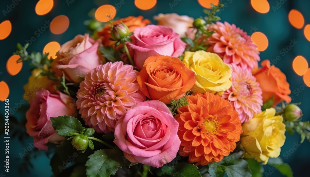 Obraz premium Vibrant bouquet of roses and dahlias in pink, orange, and yellow hues