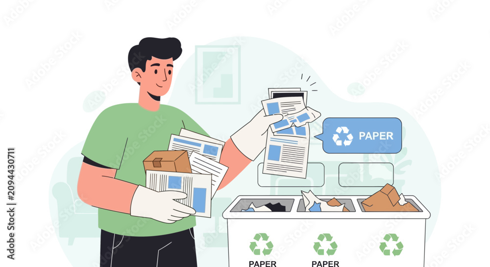 Naklejka premium Man sorting paper for recycling, eco-friendly waste management concept