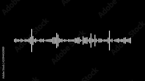 music equalizer waveform black screen 4k, realistic white audio wave pulsing and fluctuating, sound frequency visualization, alpha channel seamless loop