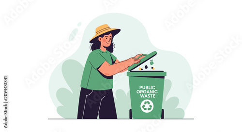 Woman in hat discards organic waste into green public bin