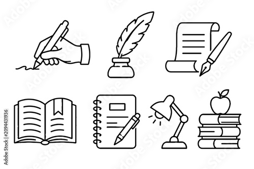 Принти на полотні Education and writing line icons set with books and pens