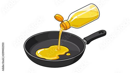 Konstfotografi Cooking oil pouring from bottle into frying pan vector