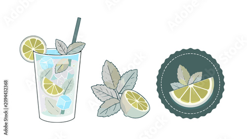 Εκτύπωση καμβά Lime and mint cocktail vector set with glass garnish and badge