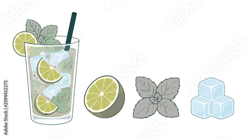 Slika na platnu Vector illustration of lime mint drink with ice and garnish