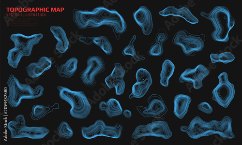 Set of geographic contour map elements with wavy geometric texture. Topographic map. Vector elevation lines with terrain patterns.