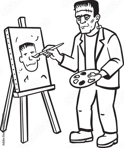 Bild auf Leinwand Frankenstein Artist Painting a Self-Portrait on an Easel Black and White Cartoon