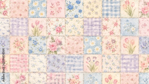 Seamless patchwork quilt pattern with vintage floral motifs, roses, tulips, daisies, and gingham checks in soft pastel colors, cottagecore aesthetic