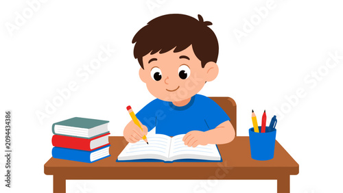 Foto Cartoon boy writing in notebook at desk with books