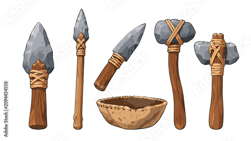Φωτογραφία Hand drawn prehistoric stone tools and primitive bowl set