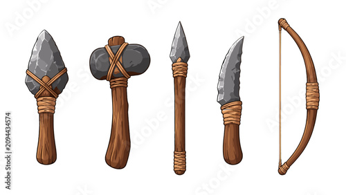 Schilderij op canvas Primitive stone tools and wooden bow weapon set illustration