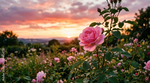 Pink roses in a garden with a sunset in the background.