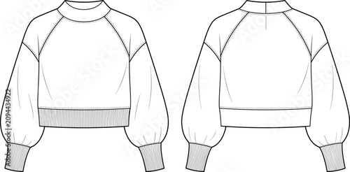 Cropped Balloon Sleeve Sweatshirt Technical Flat Sketch Front and Back Views