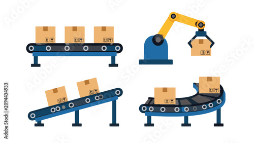 фотографія Warehouse conveyor belts and robotic arm with cardboard boxes
