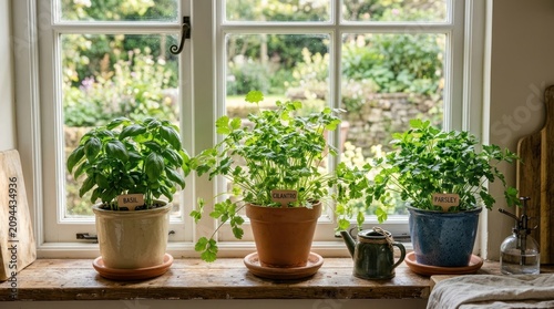 Four potted herbs on a windowsill with a garden view.