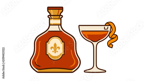 Foto Vector bottle and cocktail glass with orange twist garnish
