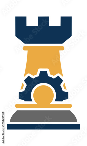 Minimalist icon featuring a stylized chess rook silhouette merged with an industrial gear shape on a solid white background, strategy and engineering concept