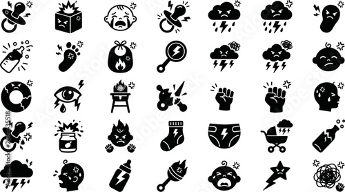 Foto Baby Tantrum and Crying Infancy Problems Icon Set Featuring Pacifier Feeding Bot