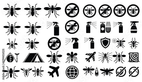 Fotografía Mosquito Control Icons Featuring Insect Protection, Bug Spray, Repellents, Campi