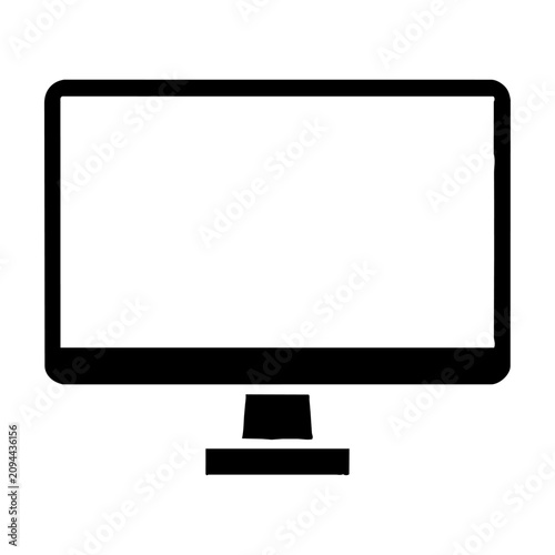 Minimalist desktop computer monitor icon with a sleek screen and geometric pedestal base on a solid white background, technology and office equipment concept