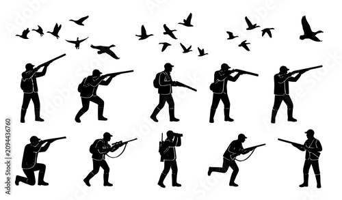 Vászonkép Duck hunting silhouettes collection hunters aiming with shotguns and flying duck