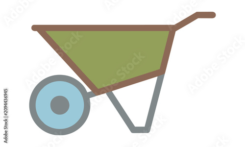 Minimalist garden wheelbarrow icon with geometric shapes and curved handles in side profile view on white background Gardening and landscaping concept