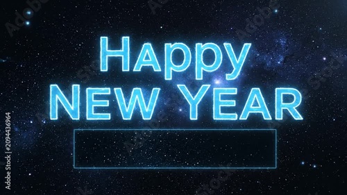 Happy New Year glowing text in blue space with stars