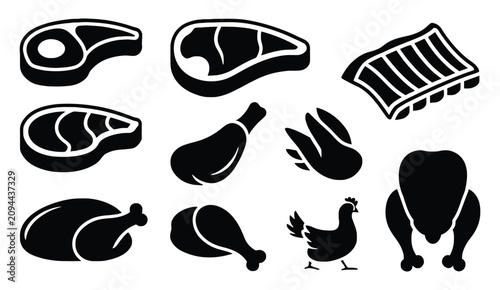 Tableau sur toile Raw meat and fresh poultry cuts collection featuring t-bone steak pork loin ribs