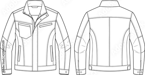 Technical Flat Sketch of Utility Jacket with Front and Back Views Vector Template