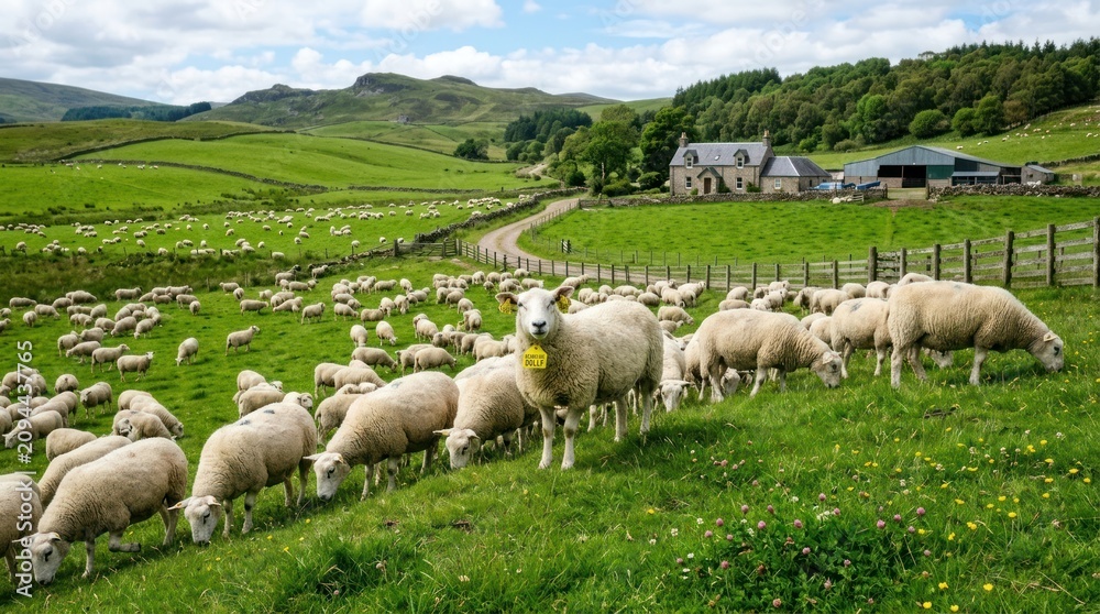Fototapeta premium Sheep grazing in a green field with a farm in the background.