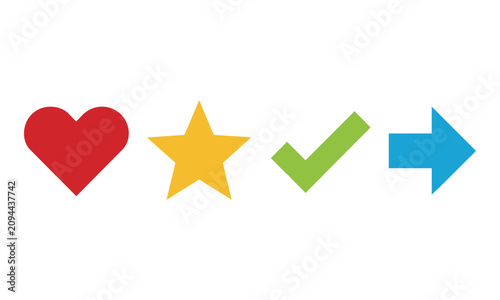 Set of four minimalist geometric icons featuring a red heart yellow star green checkmark and blue arrow isolated on a white background simple icon set concept