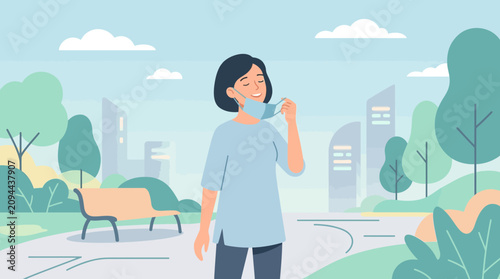Woman removing face mask in park; relief and fresh air, urban greenery