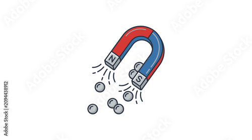 Canvastavla Horseshoe Magnet Attracting Metal Spheres Vector Illustration