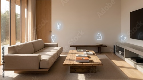 Smart Home Technology in Modern Living Room with Connected Digital Interface