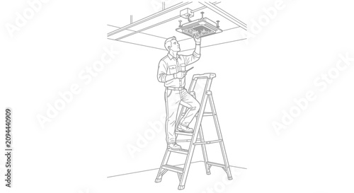 Technician Repairing Ceiling Air Conditioner Vector Illustration