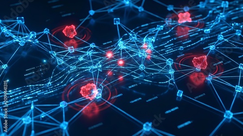 Glowing artificial intelligence network scanning abstract financial transaction data streams, red anomaly points isolated among blue data nodes, no readable text, no people, no logos, futuristic fraud