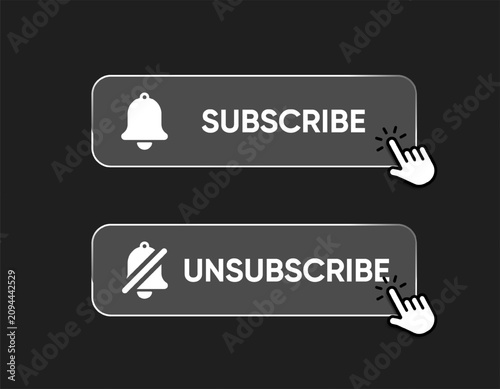 Glass subscribe and unsubscribe button set with notification bell and click cursor, dark mode UI controls for web and mobile interface, transparent vector elements
