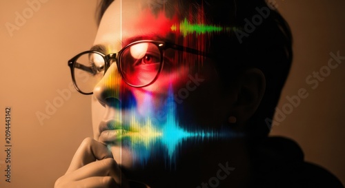 Human face profile with abstract sound wave spectrum overlay and vibrant color lighting.