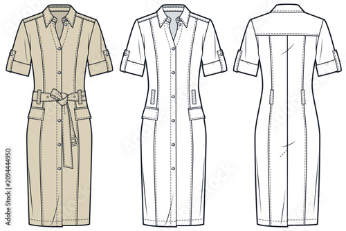 Women Safari Shirt Dress Fashion Flat Technical Drawing Template, Khaki, Front and Back View with Outline, Dress CAD Mockup