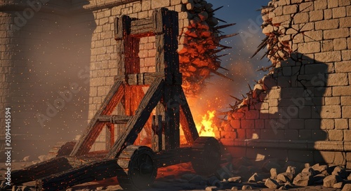 Burned and Splintered Wooden Siege Engine Amidst Castle Ruins