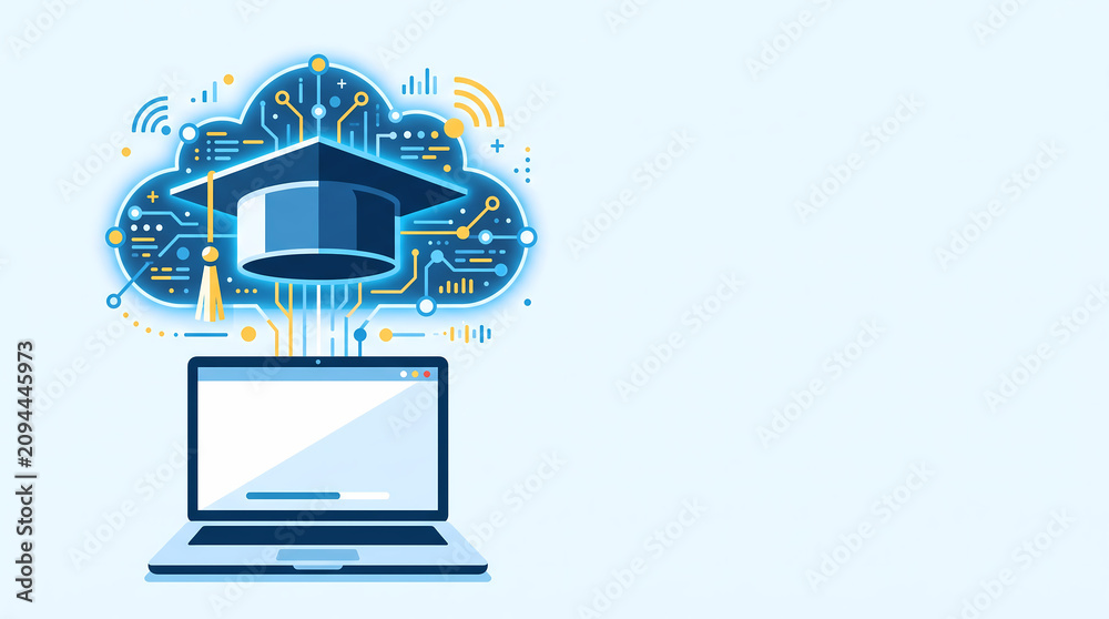 Obraz premium Cloud Based Learning and Remote Employee Training: Flat Vector Cap Floating Above Open Laptop for Digital Education and Virtual Upskilling