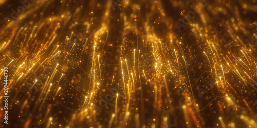 Golden digital particles flowing into abstract cyber hole. 3D quantum data stream on black background.