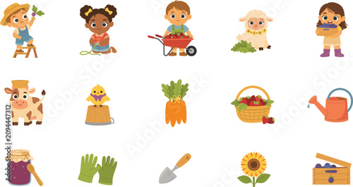 Foto Cute Kids Farming and Gardening Vector Set with Little Helpers, Farm Animals, Wh