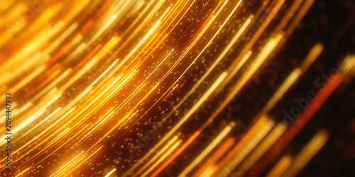 Golden light particles rising in abstract data fountain. 3D futuristic quantum technology flow.